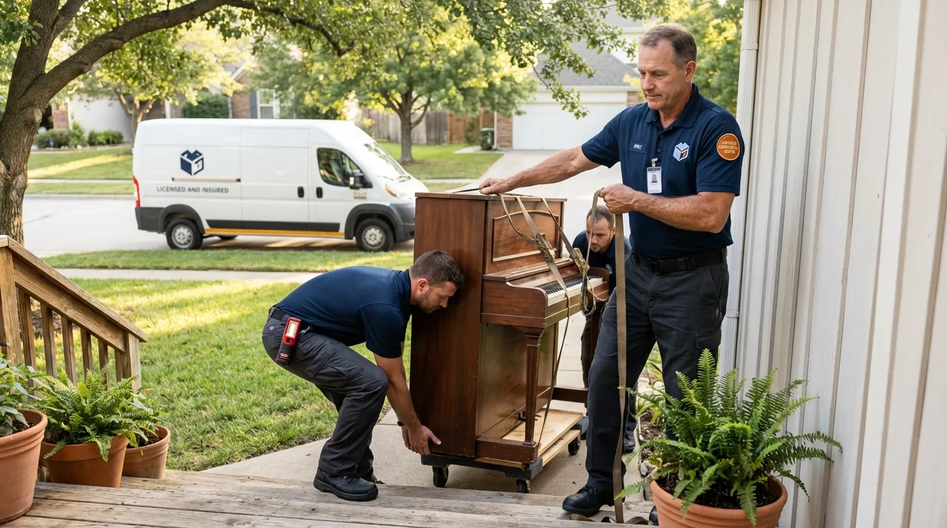 Licensed piano movers securing grand piano in Saint Clairsville, OH