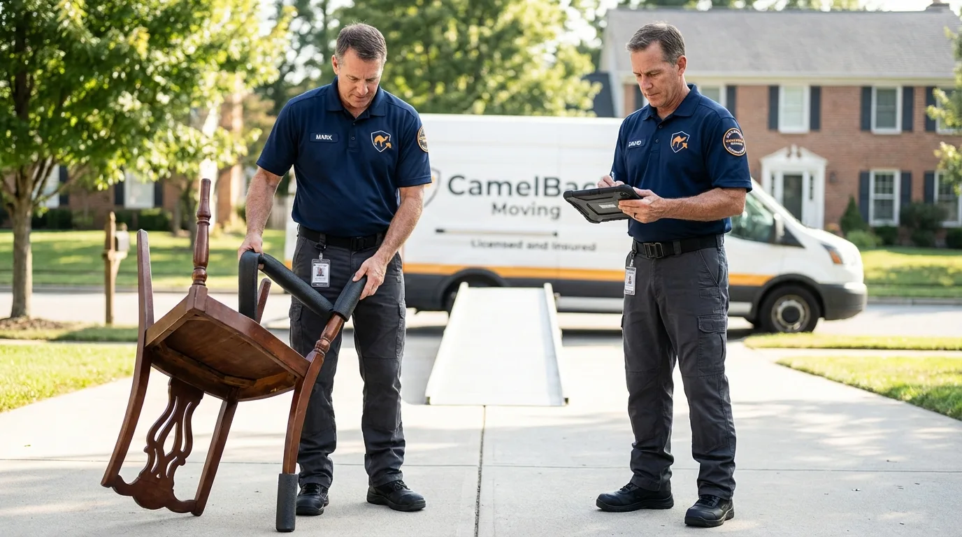 Movers inspecting furniture for damage prevention before loading in Saint Clairsville, OH