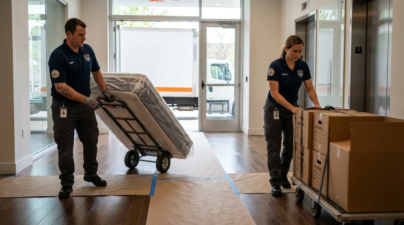 Professional apartment movers loading elevator in Saint Clairsville, OH